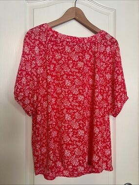 LOFT Red Short-Sleeve Floral Tunic